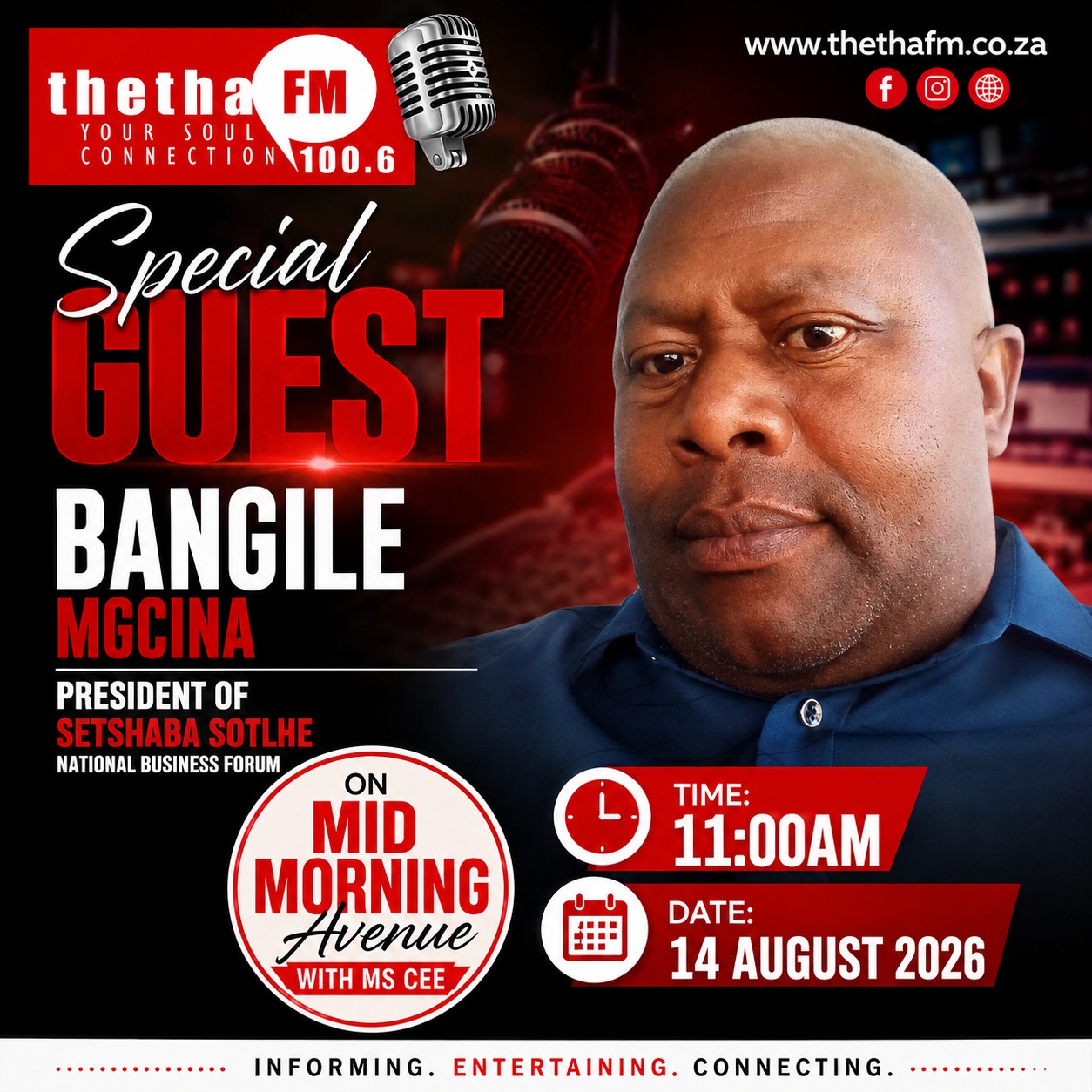 Radio interview announcement featuring the Forum president